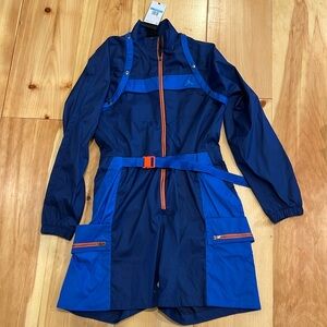 Jordan Navy and Royal Blue Utility Jumpsuit with Orange Zipper